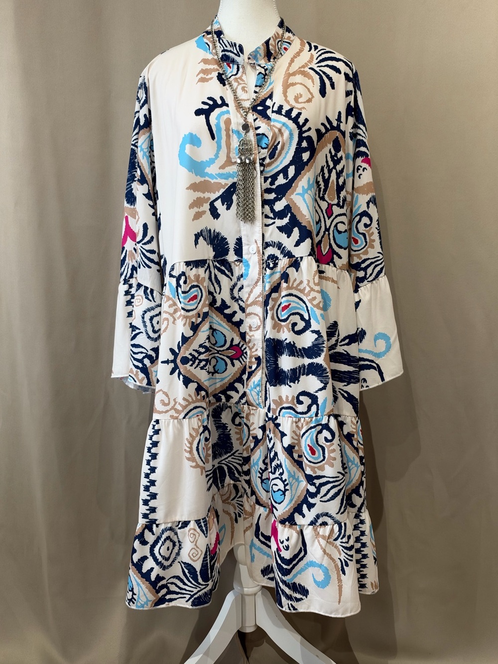 Boho Print Tiered Button-Front Dress - White with Navy & Teal Accents